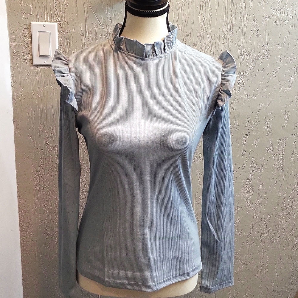 Ruffle Mock Neck with Ruffle Shoulders Ribbed Long Sleeve Top